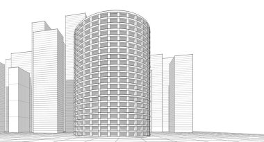 Modern mimari gökdelenler 3D illüstrasyon, düz cephe şekilleri ve eğri kule