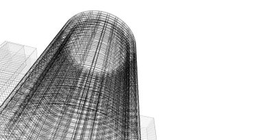 Modern mimari gökdelenler 3D illüstrasyon, düz cephe şekilleri ve eğri kule