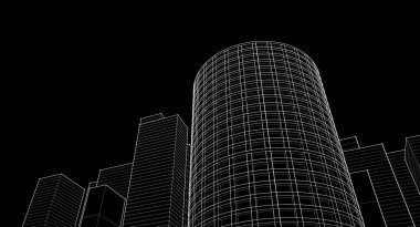 Modern mimari gökdelenler 3D illüstrasyon, düz cephe şekilleri ve eğri kule