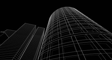 Modern mimari gökdelenler 3D illüstrasyon, düz cephe şekilleri ve eğri kule