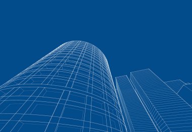 Modern mimari gökdelenler 3D illüstrasyon, düz cephe şekilleri ve eğri kule