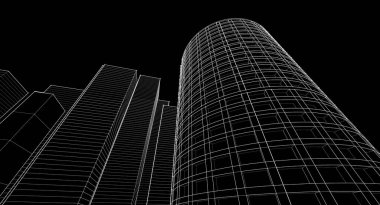 Modern mimari gökdelenler 3D illüstrasyon, düz cephe şekilleri ve eğri kule