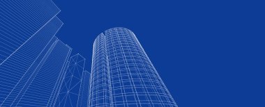 Modern mimari gökdelenler 3D illüstrasyon, düz cephe şekilleri ve eğri kule