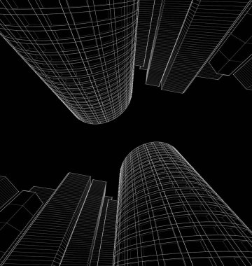 Modern mimari gökdelenler 3D illüstrasyon, düz cephe şekilleri ve eğri kule