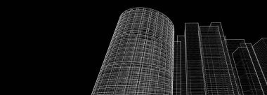 Modern mimari gökdelenler 3D illüstrasyon, düz cephe şekilleri ve eğri kule