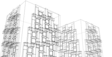 Modern mimari gökdelenleri 3D illüstrasyon, düz cephe şekilleri