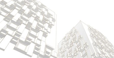 Modern mimari gökdelenleri 3D illüstrasyon, düz cephe şekilleri