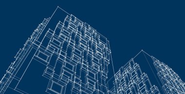 Modern mimari gökdelenleri 3D illüstrasyon, düz cephe şekilleri