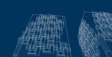 Modern mimari gökdelenleri 3D illüstrasyon, düz cephe şekilleri