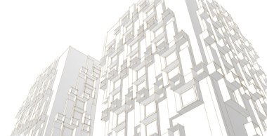 Modern mimari gökdelenleri 3D illüstrasyon, düz cephe şekilleri