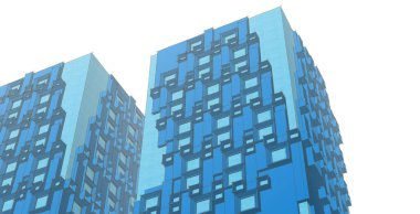 Modern mimari gökdelenleri 3D illüstrasyon, düz cephe şekilleri