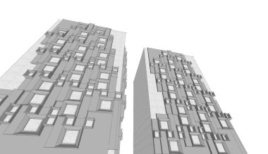 Modern mimari gökdelenleri 3D illüstrasyon, düz cephe şekilleri