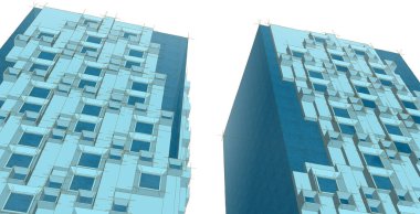 Modern mimari gökdelenleri 3D illüstrasyon, düz cephe şekilleri