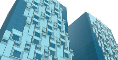 Modern mimari gökdelenleri 3D illüstrasyon, düz cephe şekilleri