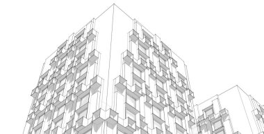 Modern mimari gökdelenleri 3D illüstrasyon, düz cephe şekilleri