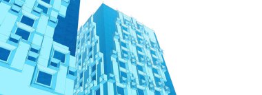 Modern mimari gökdelenleri 3D illüstrasyon, düz cephe şekilleri