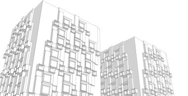 Modern mimari gökdelenleri 3D illüstrasyon, düz cephe şekilleri