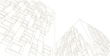 Modern mimari gökdelenleri 3D illüstrasyon, düz cephe şekilleri