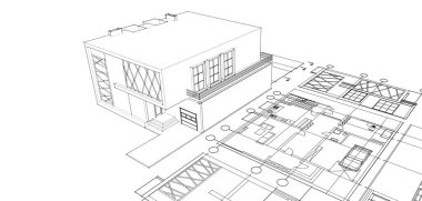 ev mimarisi projesi çizimi 3d illüstrasyon