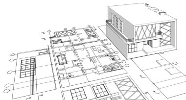 ev mimarisi projesi çizimi 3d illüstrasyon