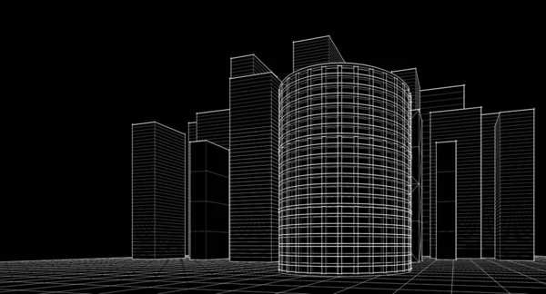 现代建筑摩天大楼3D插图 立面和弧形塔的直形状 — 图库照片