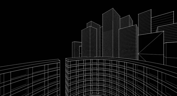 现代建筑摩天大楼3D插图 立面和弧形塔的直形状 — 图库照片