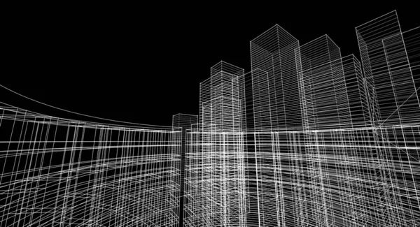 现代建筑摩天大楼3D插图 立面和弧形塔的直形状 — 图库照片