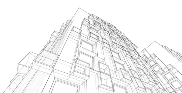 現代建築の高層ビルの3Dイラスト正面の直線的な形 — ストック写真