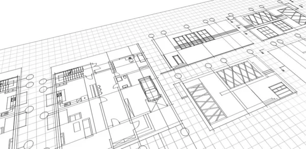 房屋建筑草图3D图解 — 图库照片