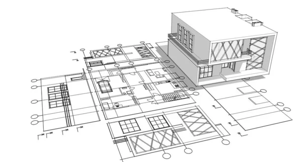 Schiță Proiect Arhitectural Casă Ilustrație — Fotografie, imagine de stoc