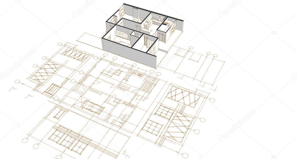 house architectural project sketch 3d illustration