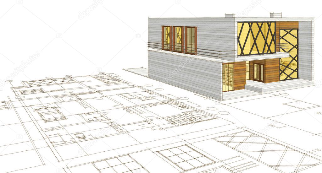 house architectural project sketch 3d illustration