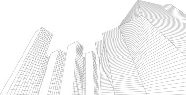 Modern mimari gökdelenleri 3D illüstrasyon, düz cephe şekilleri