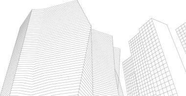 Modern mimari gökdelenleri 3D illüstrasyon, düz cephe şekilleri