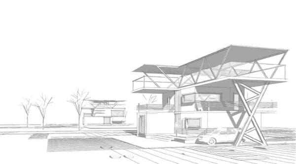带主机的现代建筑房子3D插图 — 图库照片