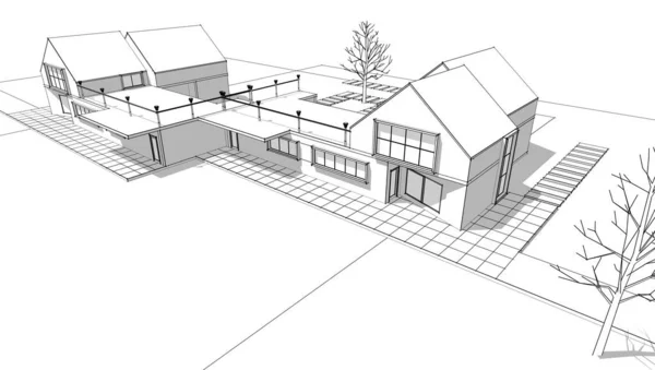 房屋建筑草图3D图解 — 图库照片