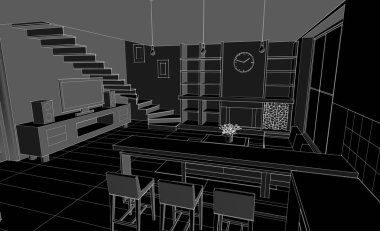 İç mutfak oturma odası 3D görüntü