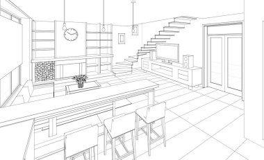 İç mutfak oturma odası 3D görüntü