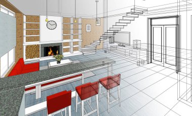 İç mutfak oturma odası 3D görüntü