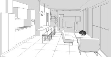 İç mutfak oturma odası 3D görüntü