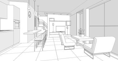 İç mutfak oturma odası 3D görüntü