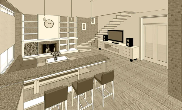 Interior Kitchen Living Room Illustration — Stock Photo, Image