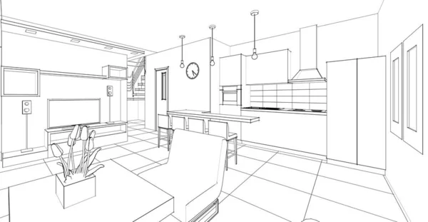 Interiér Kuchyně Obývací Pokoj Ilustrace — Stock fotografie