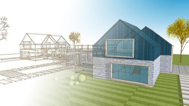 ev mimarisi çizimi 3d illüstrasyon