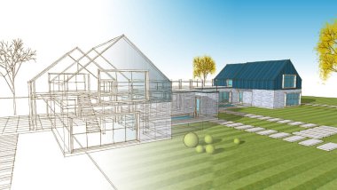 ev mimarisi çizimi 3d illüstrasyon