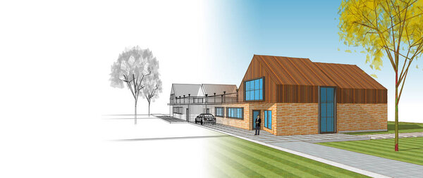 архитектурный эскиз дома 3D иллюстрация