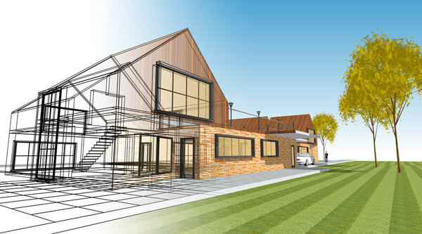 архитектурный эскиз дома 3D иллюстрация