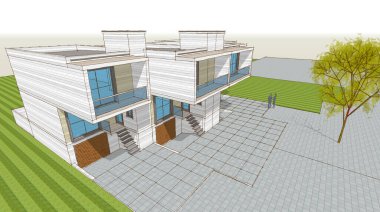 Kasaba mimarisi çizimi 3D illüstrasyon