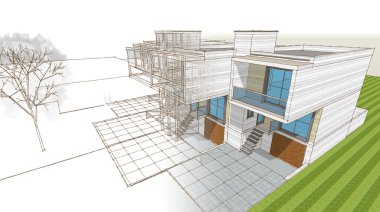 Kasaba mimarisi çizimi 3D illüstrasyon