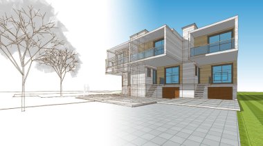 Kasaba mimarisi çizimi 3D illüstrasyon